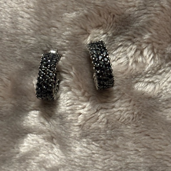 Earrings Women’s 925 Sterling Silver Rhodium Plated 3 Row Black CZ Hoop Earrings